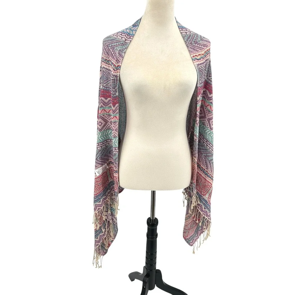 Earthy Boho Festival Fringe Scarf Wrap Shawl Multicolor Hippie Lightweight Indie